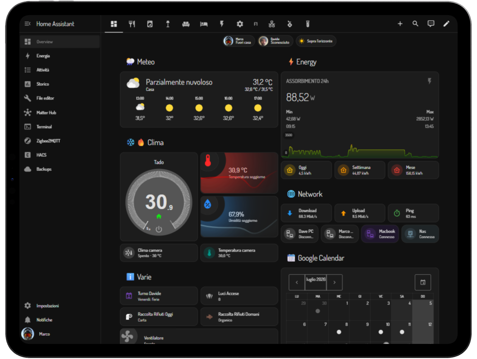 Dashboard Home Assistant su iPad